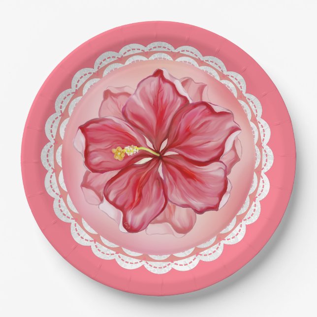 Hibiscus & lace RED Paper Plate (Front)