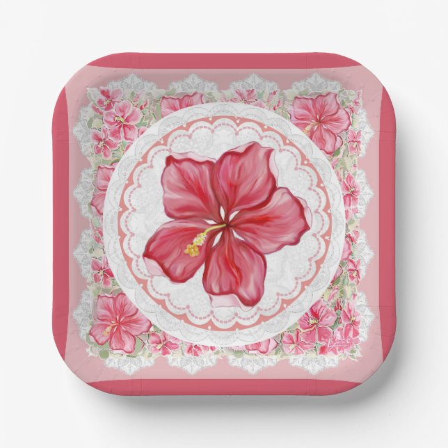 Hibiscus & lace RED Paper Plate (Front)