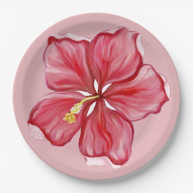 Hibiscus & lace RED Paper Plate (Front)