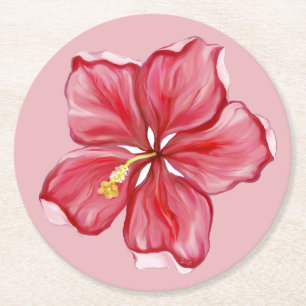 Hibiscus & lace RED Round Paper Coaster