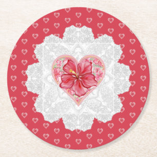 Hibiscus & lace RED Round Paper Coaster