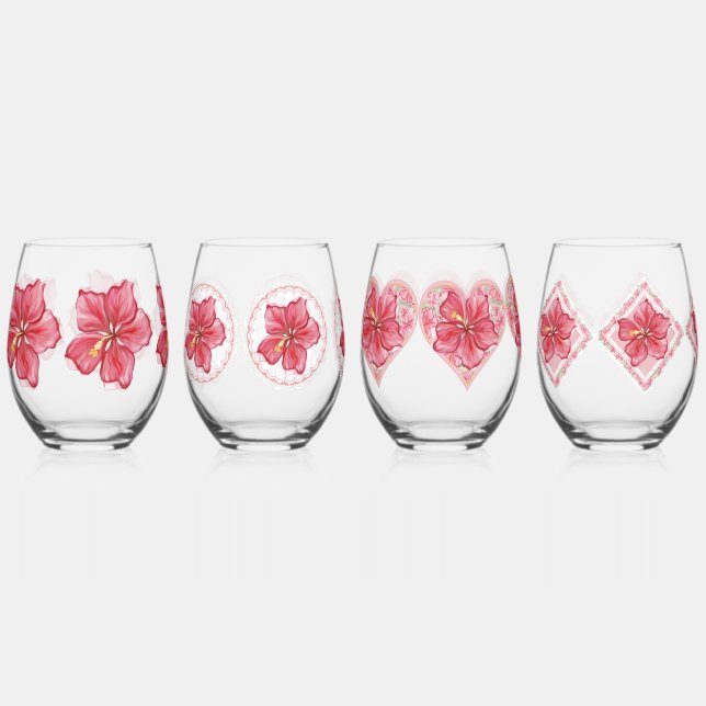 Hibiscus & lace RED Stemless Wine Glass (Front)