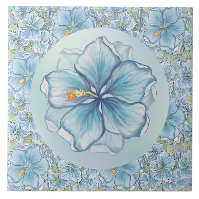 Hibiscus & lace TURQUOISE Ceramic Tile (Front)