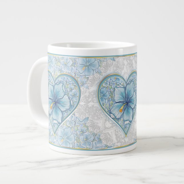Hibiscus & lace TURQUOISE Large Coffee Mug (Front Left)