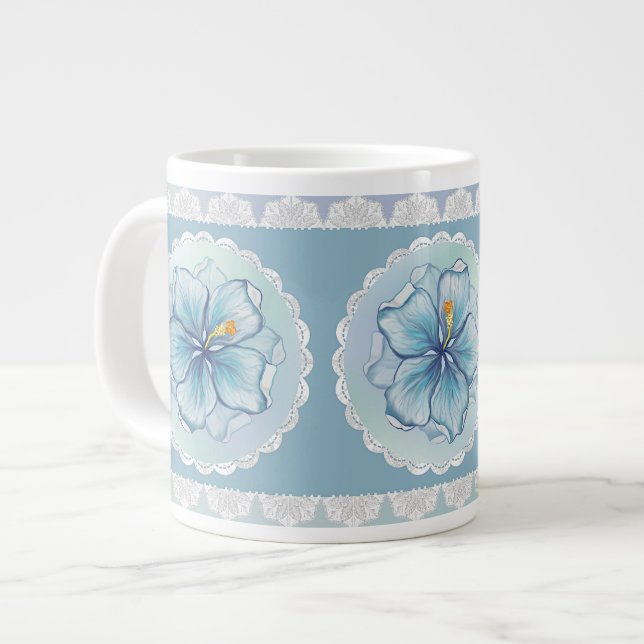 Hibiscus & lace TURQUOISE Large Coffee Mug (Front Left)