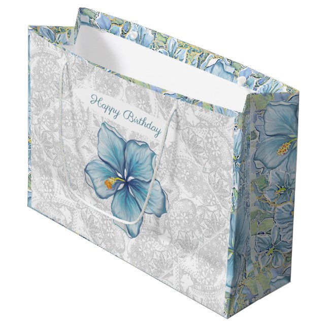 Hibiscus & lace TURQUOISE Large Gift Bag (Front Angled)