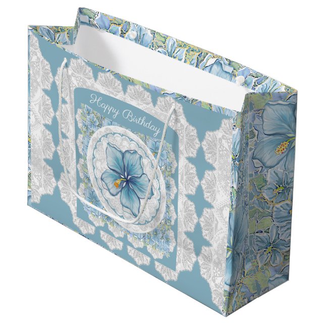 Hibiscus & lace TURQUOISE Large Gift Bag (Front Angled)