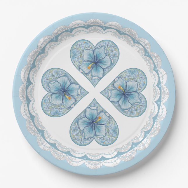 Hibiscus & lace TURQUOISE Paper Plate (Front)