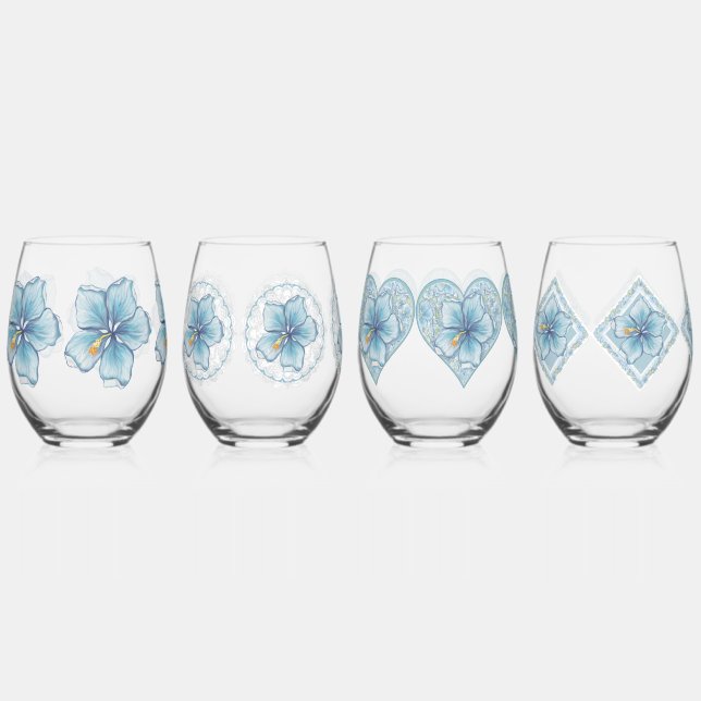 Hibiscus & lace TURQUOISE Stemless Wine Glass (Front)