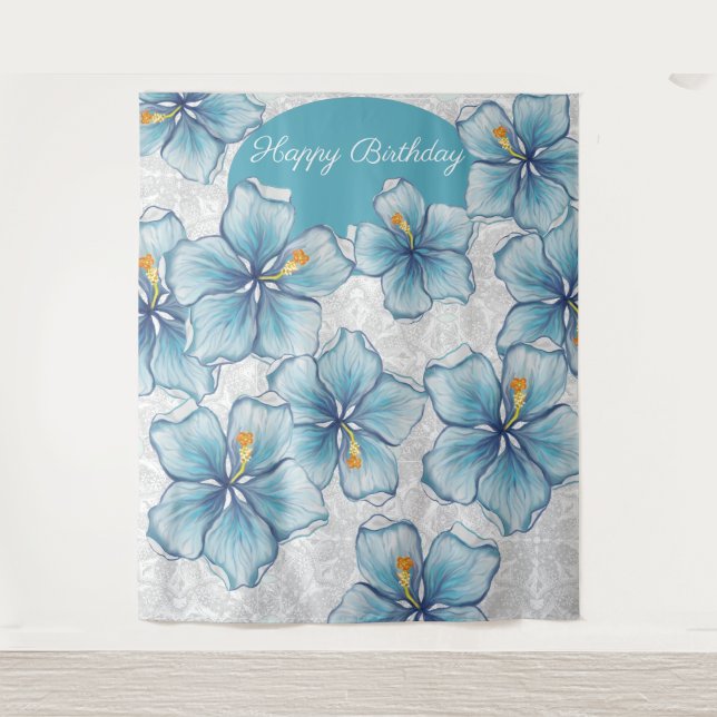 Hibiscus & lace TURQUOISE Tapestry (Front)