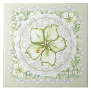 Hibiscus & lace WHITE Ceramic Tile