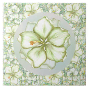 Hibiscus & lace WHITE Ceramic Tile