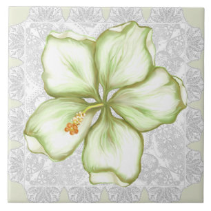 Hibiscus & lace WHITE Ceramic Tile
