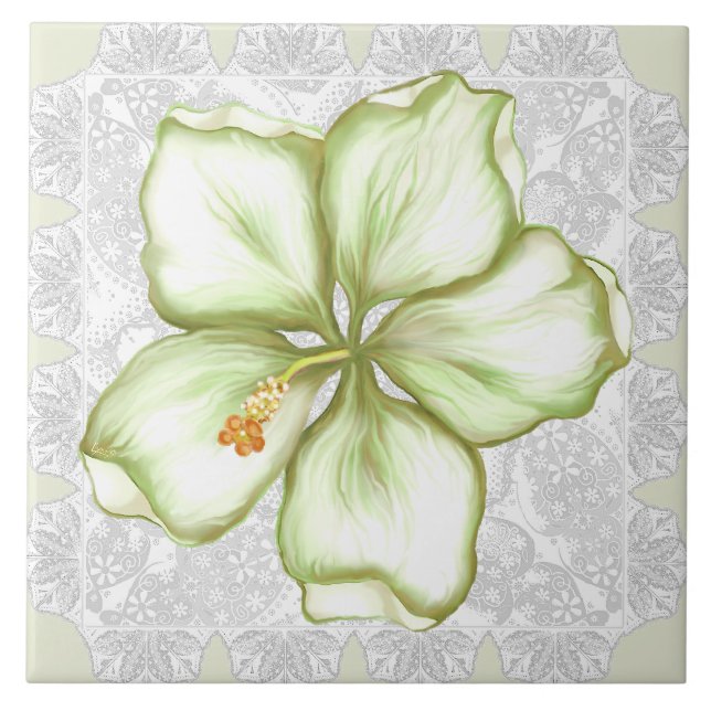 Hibiscus & lace WHITE Ceramic Tile (Front)