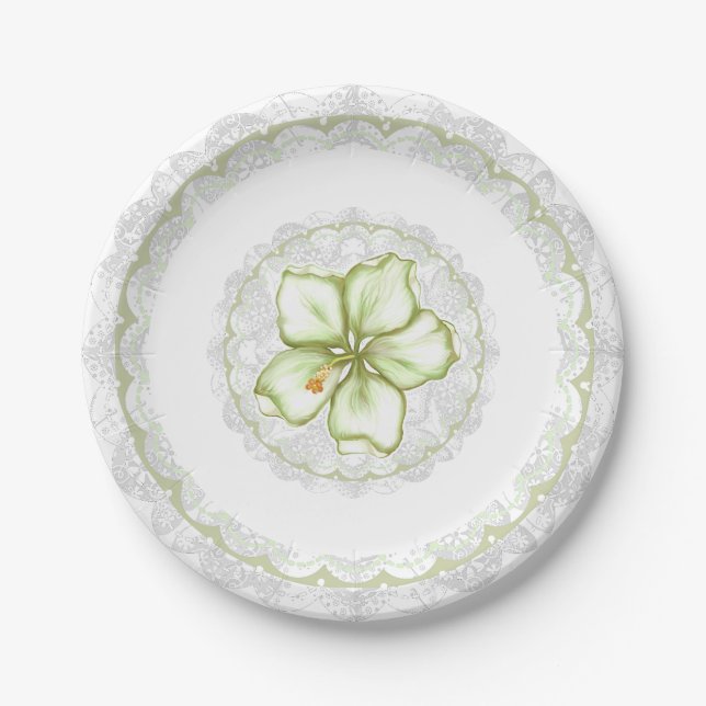 Hibiscus & lace WHITE Paper Plate (Front)