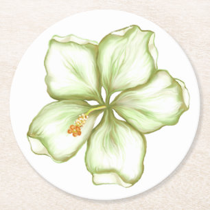 Hibiscus & lace WHITE Round Paper Coaster