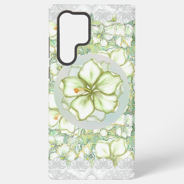 Hibiscus & lace WHITE Samsung Galaxy S22 Ultra Case (Back)