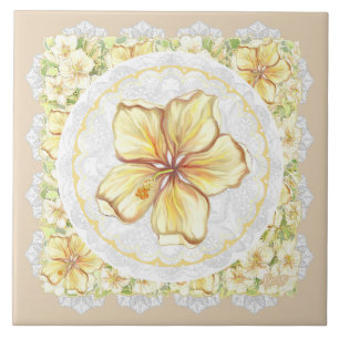 Hibiscus & lace YELLOW Ceramic Tile