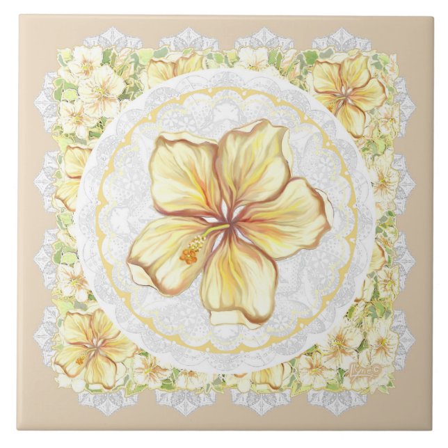 Hibiscus & lace YELLOW Ceramic Tile (Front)