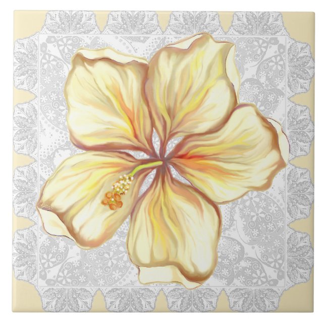 Hibiscus & lace YELLOW Ceramic Tile (Front)