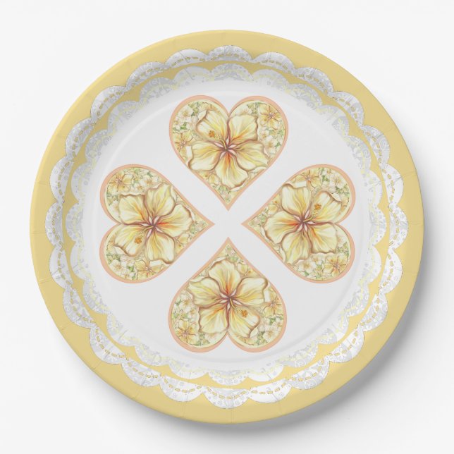 Hibiscus & lace YELLOW Paper Plate (Front)