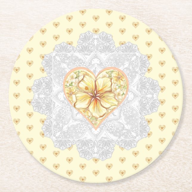Hibiscus & lace YELLOW Round Paper Coaster (Front)