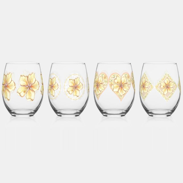 Hibiscus & lace YELLOW Stemless Wine Glass (Front)