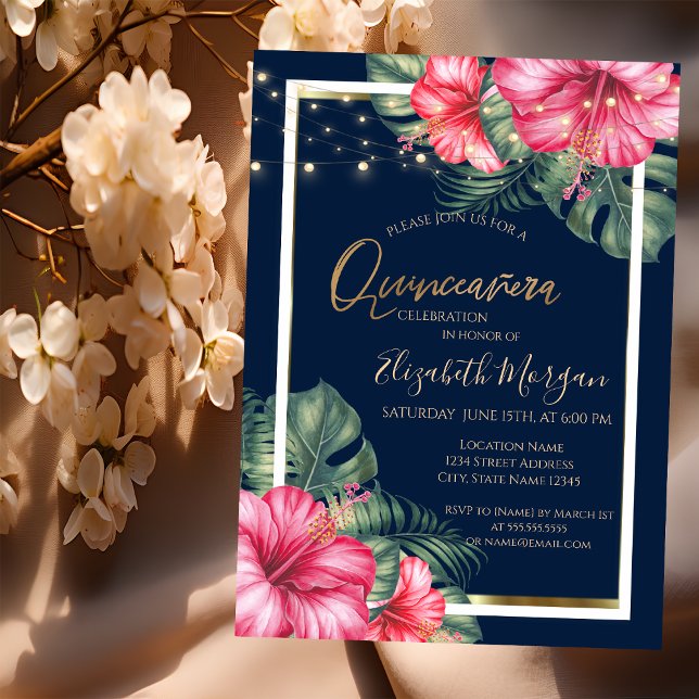 Hibiscus ,Lights, Wood, Frame Quinceanera Invitation (Creator Uploaded)
