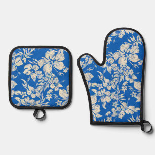  Hibiscus Pareau Distressed Hawaiian Royal Oven Mitt & Pot Holder Set