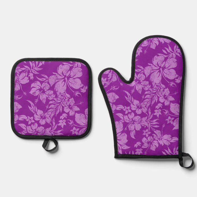  Hibiscus Pareau Distressed Hawaiian Violet Oven Mitt & Pot Holder Set (Front)