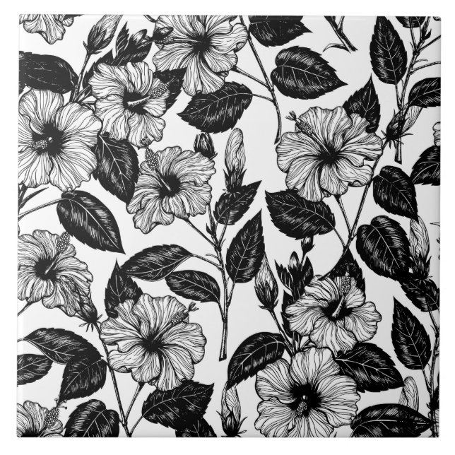 Hibiscus pattern ceramic tile (Front)