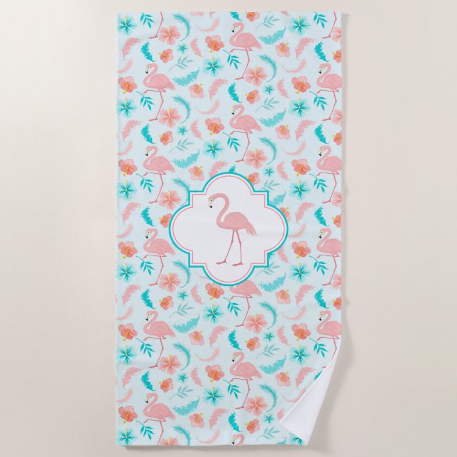 Hibiscus Pattern Pink Flamingo Beach Towel (Front)