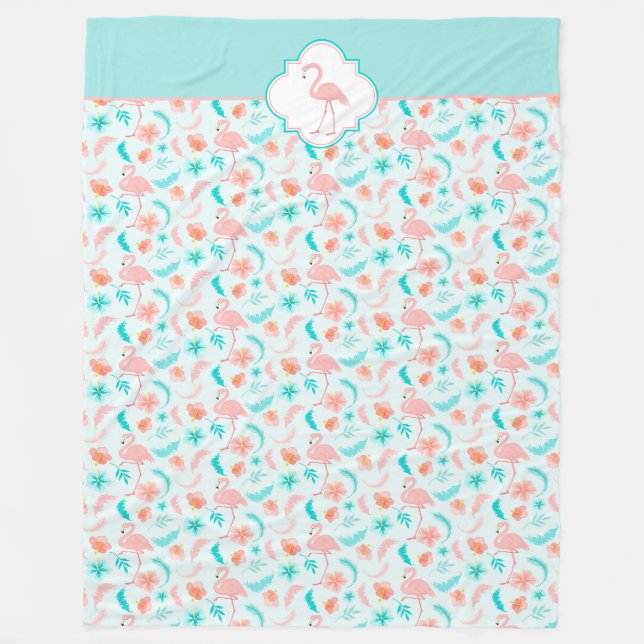 Hibiscus Pattern Pink Flamingo Fleece Blanket (Front)