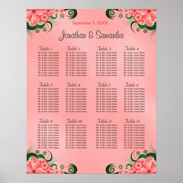Hibiscus Pink DIY 12 Tables Wedding Seating Chart (Front)