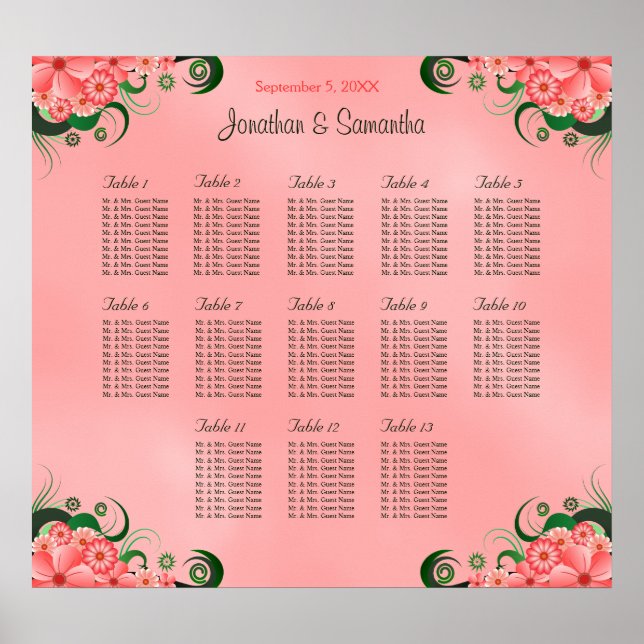 Hibiscus Pink DIY 13 Tables Wedding Seating Chart (Front)