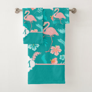 Hibiscus Pink Flamingo Tropical Monogram Bath Towel Set