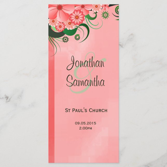 Hibiscus Pink Floral Wedding Program Template Card (Front)