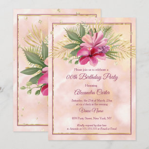 Hibiscus Plum Pink marble gold Birthday Party Invitation