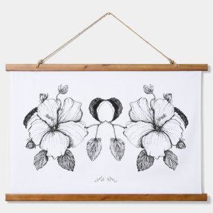 Hibiscus Poster B&W Ink Drawing Hanging Tapestry