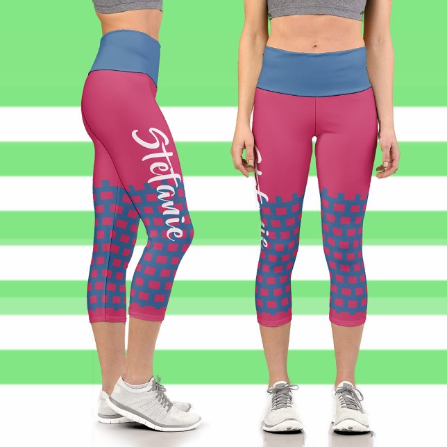 Hibiscus Red-Blue Geometric Pattern Pop Art Custom Capri Leggings (Personalized Name Custom Leggings add custom name leggings, red blue stylish fitness workout gear)