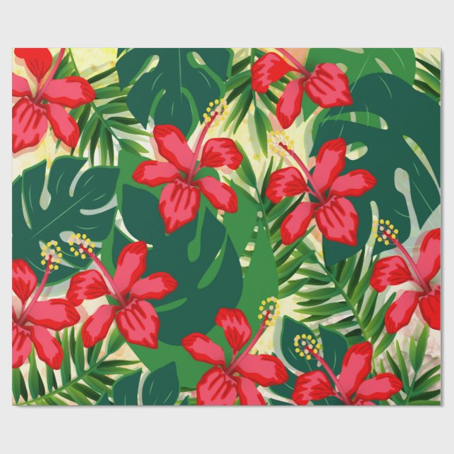 Hibiscus Red Flowers Tropical Green Wrapping Paper (Flat)