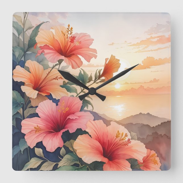 Hibiscus Square Wall Clock (Front)