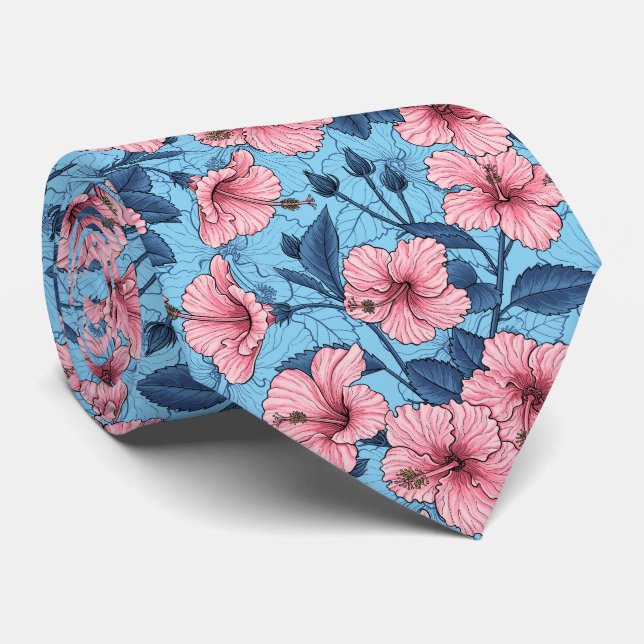 Hibiscus Tropical Floral Pattern Tie (Rolled)