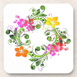 Hibiscus tropical floral wreath coaster