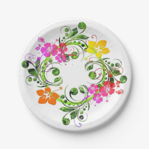 Hibiscus tropical floral wreath elegant hawaiian paper plate