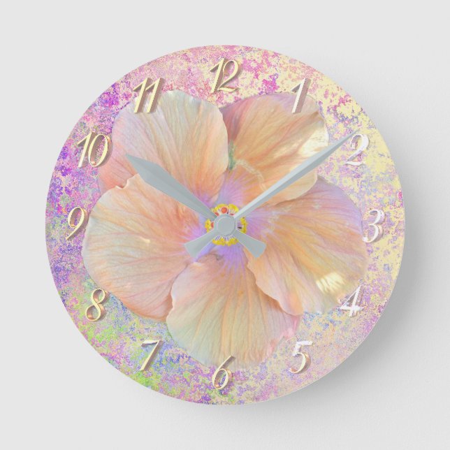 Hibiscus tropical flower iridescent pink gold cute round clock (Front)