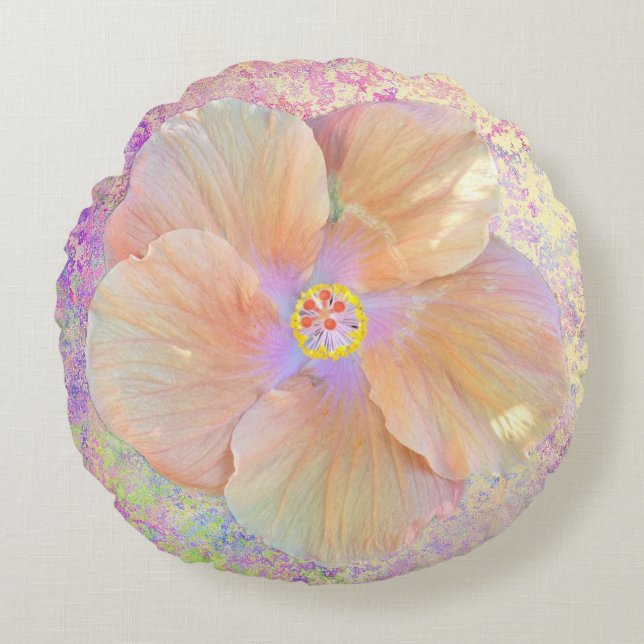 Hibiscus tropical flower iridescent pink gold cute round cushion (Front)