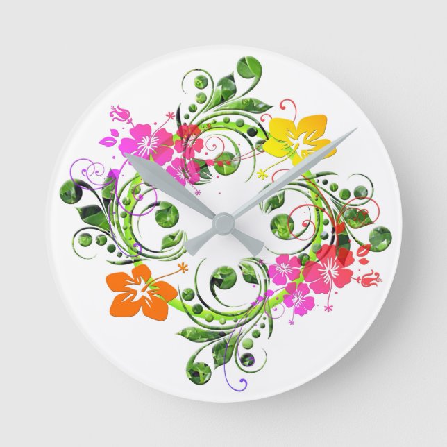 Hibiscus tropical flower wreath green pink yellow round clock (Front)