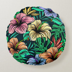Hibiscus Tropical Foliage Turquoise Blue green and Round Cushion