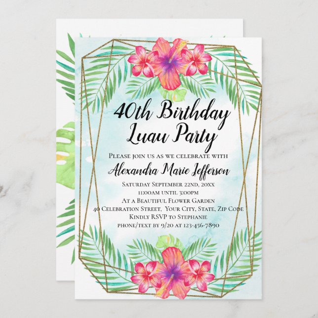 Hibiscus Tropical Luau Beach 40th Birthday Invitation (Front/Back)